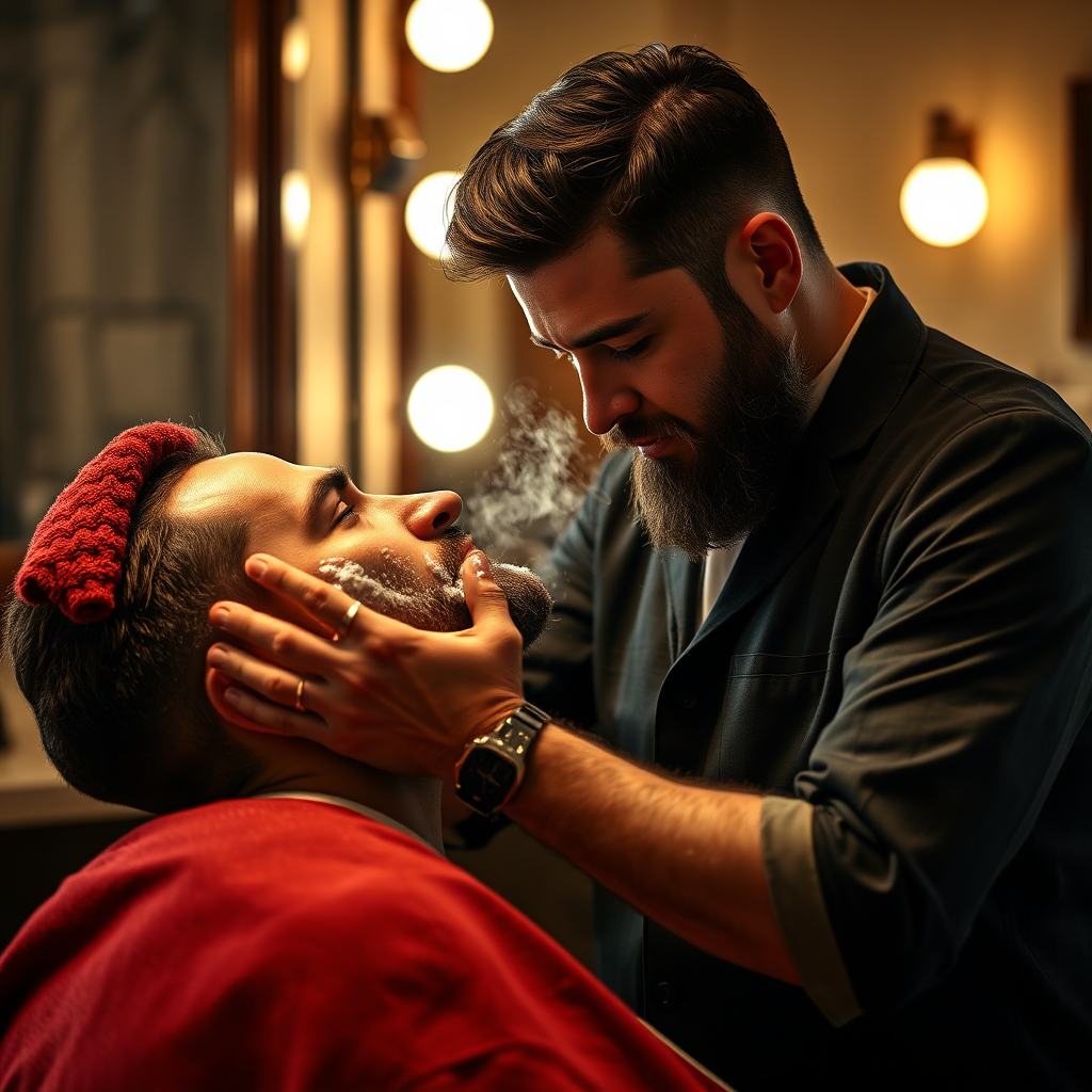 Create a photorealistic image of a barber applying hot lather to a client's face in preparation for a classic shave. The scene should evoke a sense of relaxation and indulgence. Lighting: warm and inviting, with soft shadows. Style: classic and timeless, with a focus on the traditional barbering experience. Color palette: rich browns, creams, and a hint of red from the hot towel. 4k resolution.