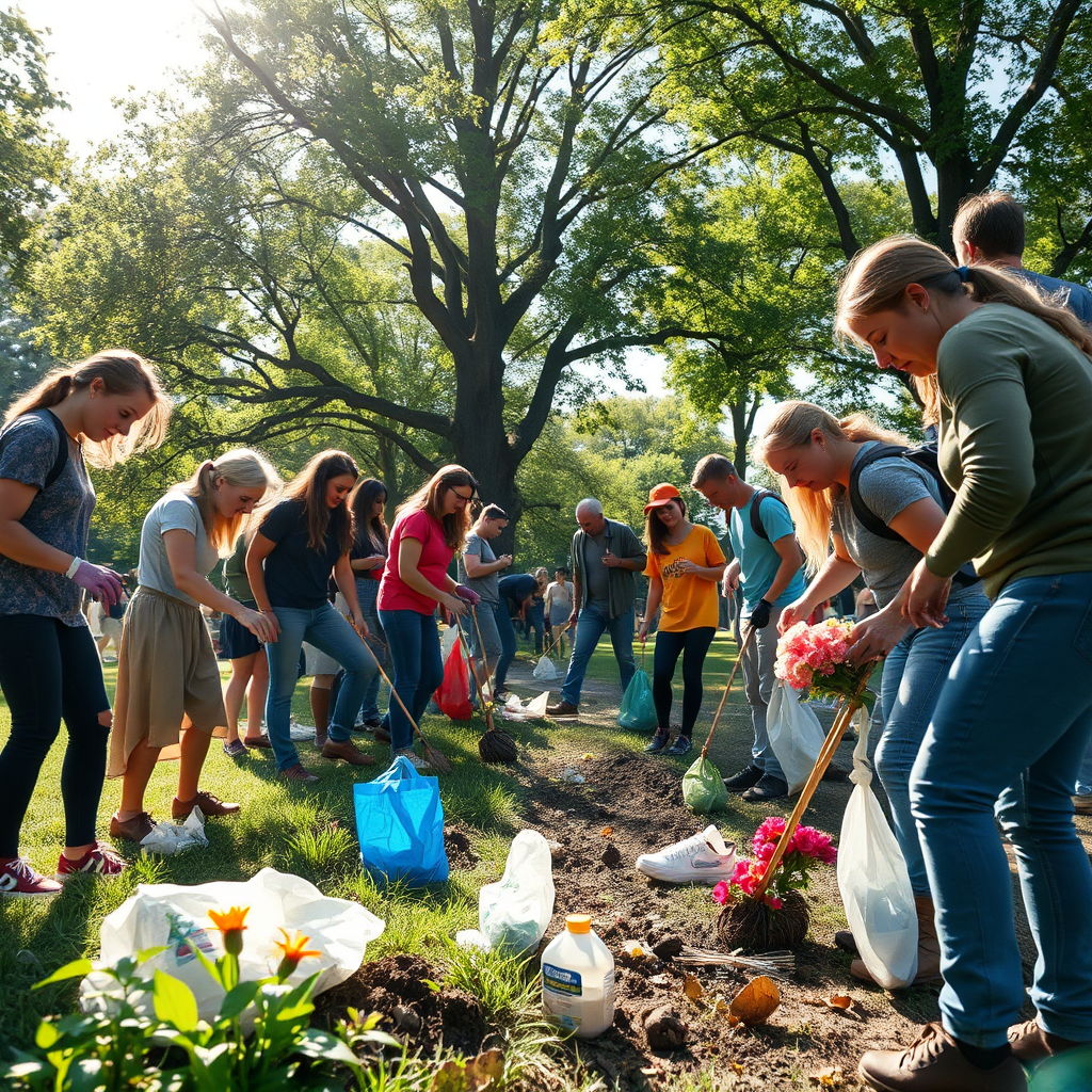 Create a photorealistic image of a group of volunteers cleaning up a local park. The composition should show a mix of ages and backgrounds working together, collecting trash and planting flowers. The sunlight is dappled through the trees, creating a sense of natural beauty. The camera angle should be medium shot, showcasing the park environment and volunteer activity. Style reference: environmental activism photography.