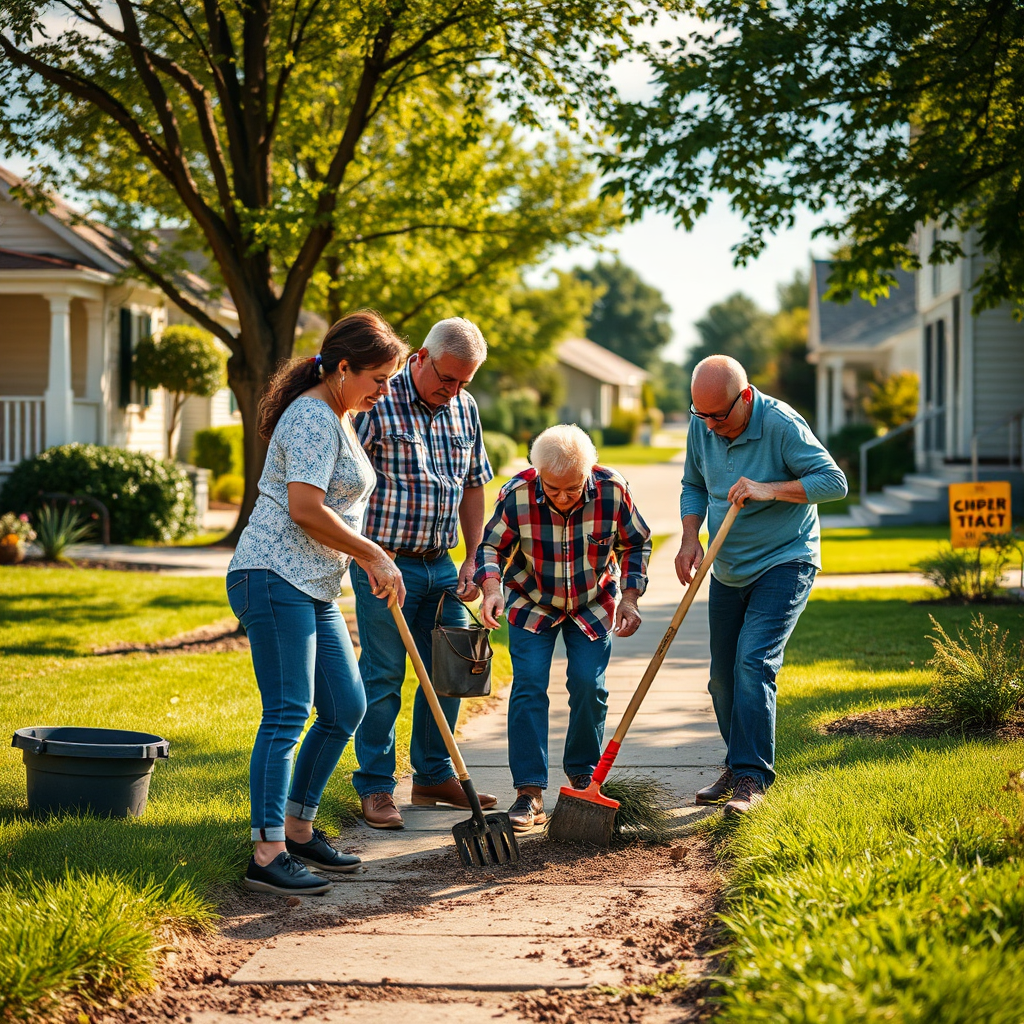 Create a photorealistic image illustrating neighbors helping an elderly resident with yard work. The setting should be a sunny day on a residential street. The lighting should be warm and inviting. Camera angle: Low angle, emphasizing the act of helping and community support. Style reference: Heartwarming, documentary-style photography. Environment: Residential street with houses and lawns. Props: Gardening tools, neighbors helping, elderly resident. Technical specs: 4K resolution, high quality.