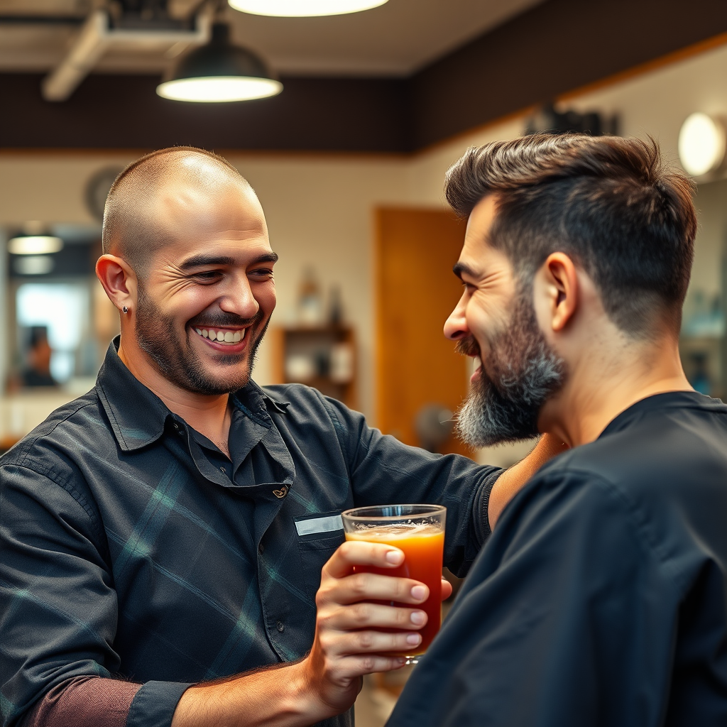 Create a photorealistic image of a barber smiling warmly at a client, offering a complimentary beverage. The scene should convey a sense of genuine care and attention. The background should feature a clean and well-maintained barbershop interior. The overall style should be friendly and welcoming, emphasizing the barbershop's commitment to customer satisfaction.