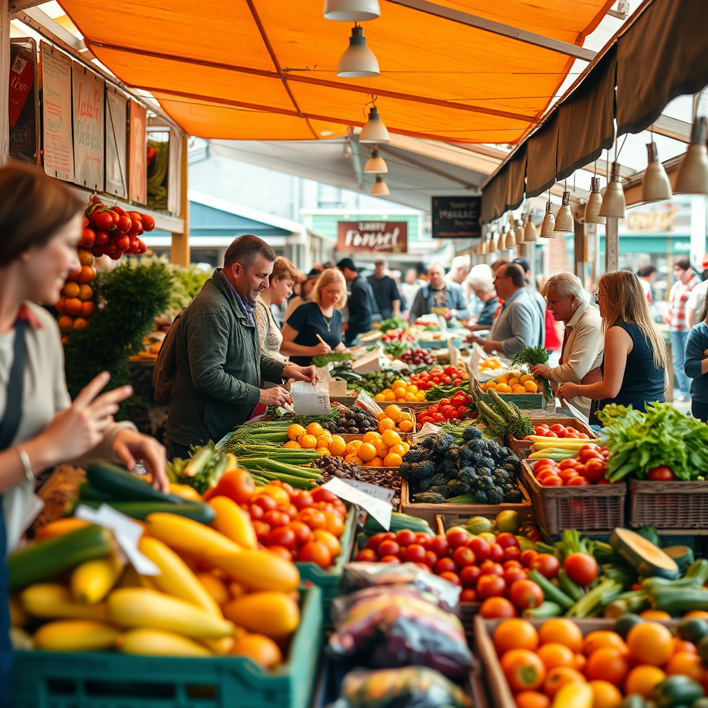 Create a photorealistic image of a bustling local farmer's market. Focus on the vibrant colors of the fresh produce, the friendly interactions between vendors and customers, and the overall sense of community. The lighting is bright and natural, highlighting the quality and freshness of the goods. Style reference: A vibrant and colorful food photography style, emphasizing the textures and details of the produce. Technical specs: 4K, high quality.