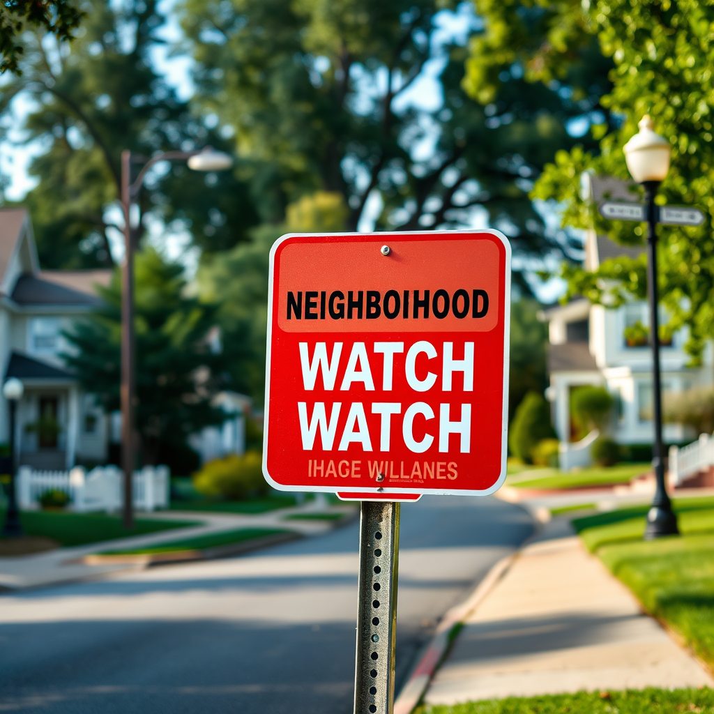 Create a photorealistic image of a Neighborhood Watch sign on a quiet residential street. The sign should be clearly visible and well-maintained. The lighting should be soft and natural, suggesting a safe and peaceful environment. Camera angle: low angle, looking up at the sign to emphasize its importance. Style reference: A realistic photograph conveying a sense of security and vigilance. Environment: A quiet residential street with well-kept houses. Props: Neighborhood Watch sign, streetlights, manicured lawns. Technical specs: 4K resolution, high quality.