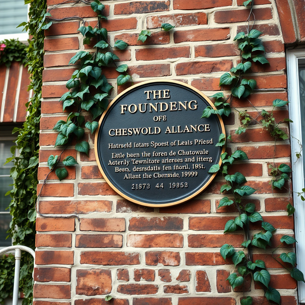 Create a photorealistic image capturing a historical plaque commemorating the founding of The Cheswolde Alliance. The plaque should be mounted on a brick building with ivy growing on the side. The lighting should be soft and natural, highlighting the details of the plaque and the surrounding environment. Camera angle: eye-level, focusing on the plaque and its inscription. Style reference: Documentary photography, emphasizing authenticity and historical accuracy. Environment: A traditional neighborhood street in Cheswolde. Props: The plaque itself, ivy, brick building. Technical specs: 4K resolution, high quality.