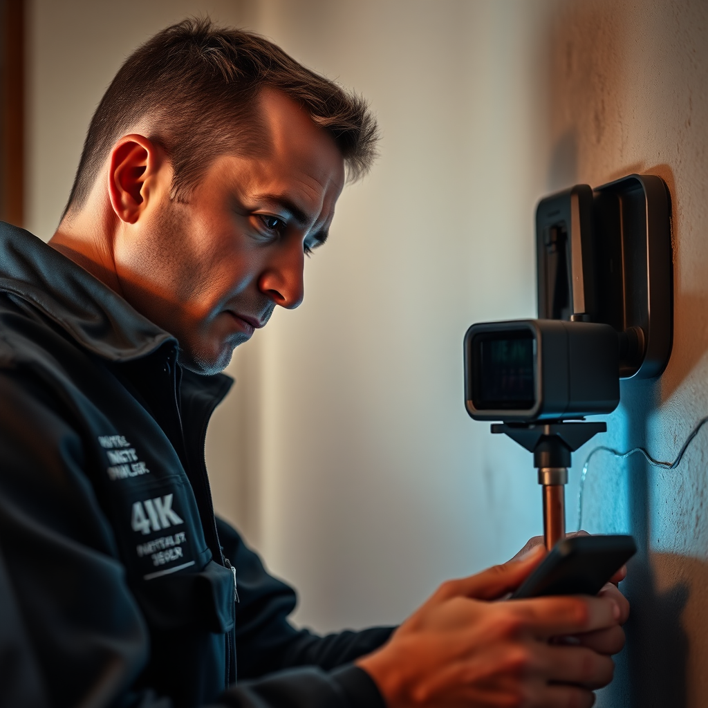 Create a photorealistic image of a plumber using advanced acoustic equipment to detect a hidden water leak in a residential wall. The plumber should be focused and professional, with the equipment clearly visible. The background should be slightly blurred to emphasize the plumber and the detection process. Lighting should be dramatic, highlighting the use of technology. The overall tone is serious and focused on problem-solving. Technical Specs: 4K, photorealistic.