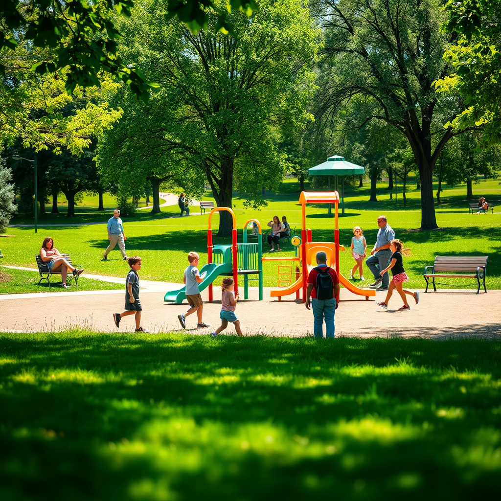 Create a photorealistic image of a sunny day in a Gwynn Oak park. Depict a modern playground with diverse children playing happily. In the background, show adults walking or relaxing on park benches surrounded by lush greenery. Use a wide-angle lens to capture the expanse of the park. The lighting should be bright and warm, emphasizing the joy of outdoor recreation. Capture the textures of the playground equipment, grass, and trees. The style should be realistic and inviting, encouraging viewers to visit the park.