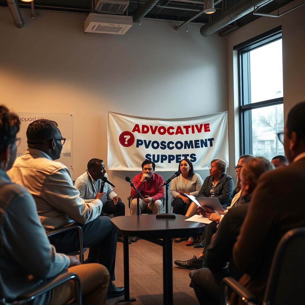 Create a photorealistic image representing advocacy support in Central Park Heights. The scene should depict residents meeting with community leaders and local government officials to discuss important issues and advocate for their needs. The lighting should be professional and respectful, highlighting the importance of civic engagement. The composition should convey a sense of empowerment, advocacy, and community voice. Include details like microphones, banners, and engaged participants. The camera angle should be medium to capture the full scene. Emphasize resident empowerment and civic engagement.