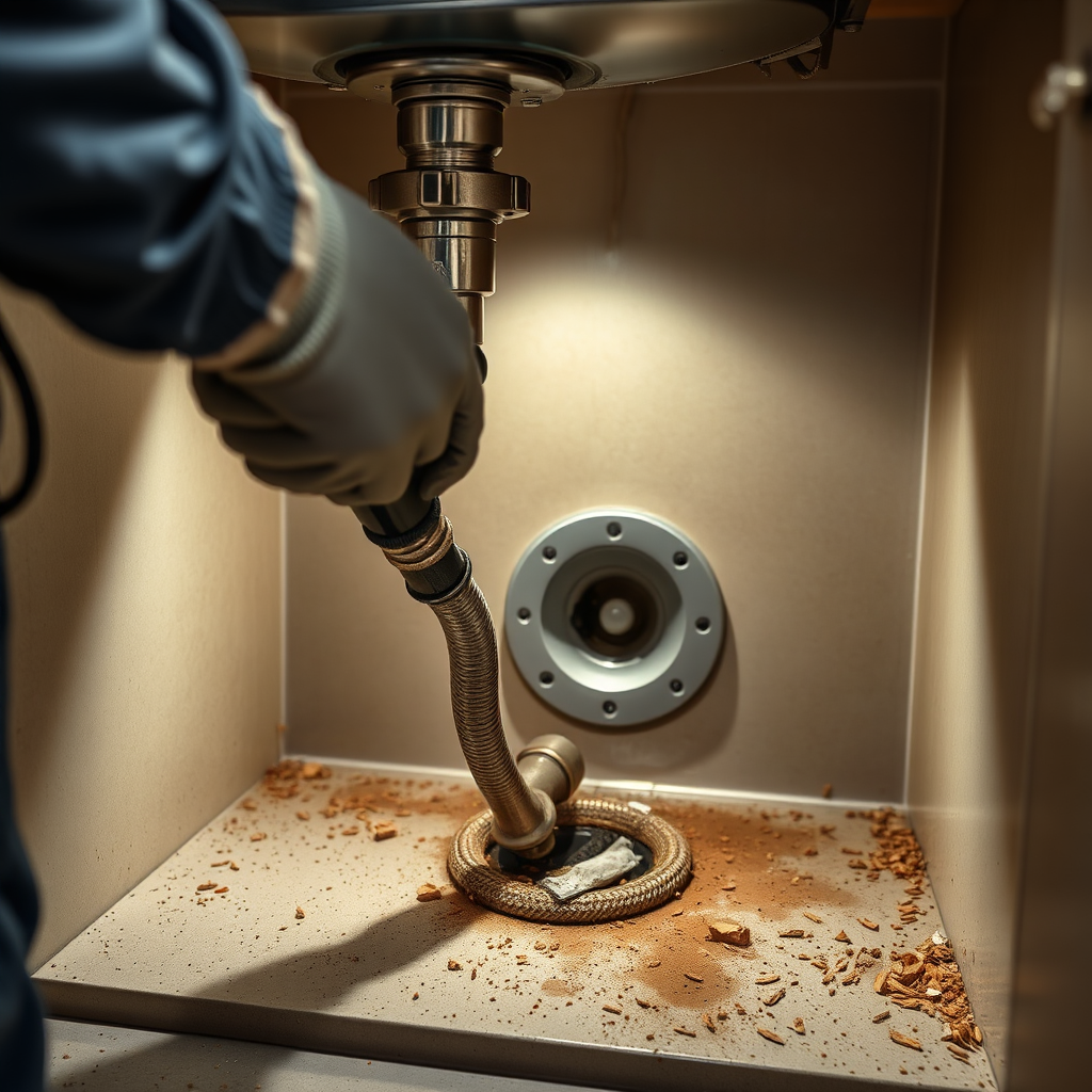 Create a photorealistic image of a plumber using a drain snake to clear a clogged drain under a kitchen sink. The plumber should wear protective gloves, and the image should show the effective removal of debris from the drain. Highlight the tools and the action of clearing the blockage. Technical Specs: 4K, photorealistic.