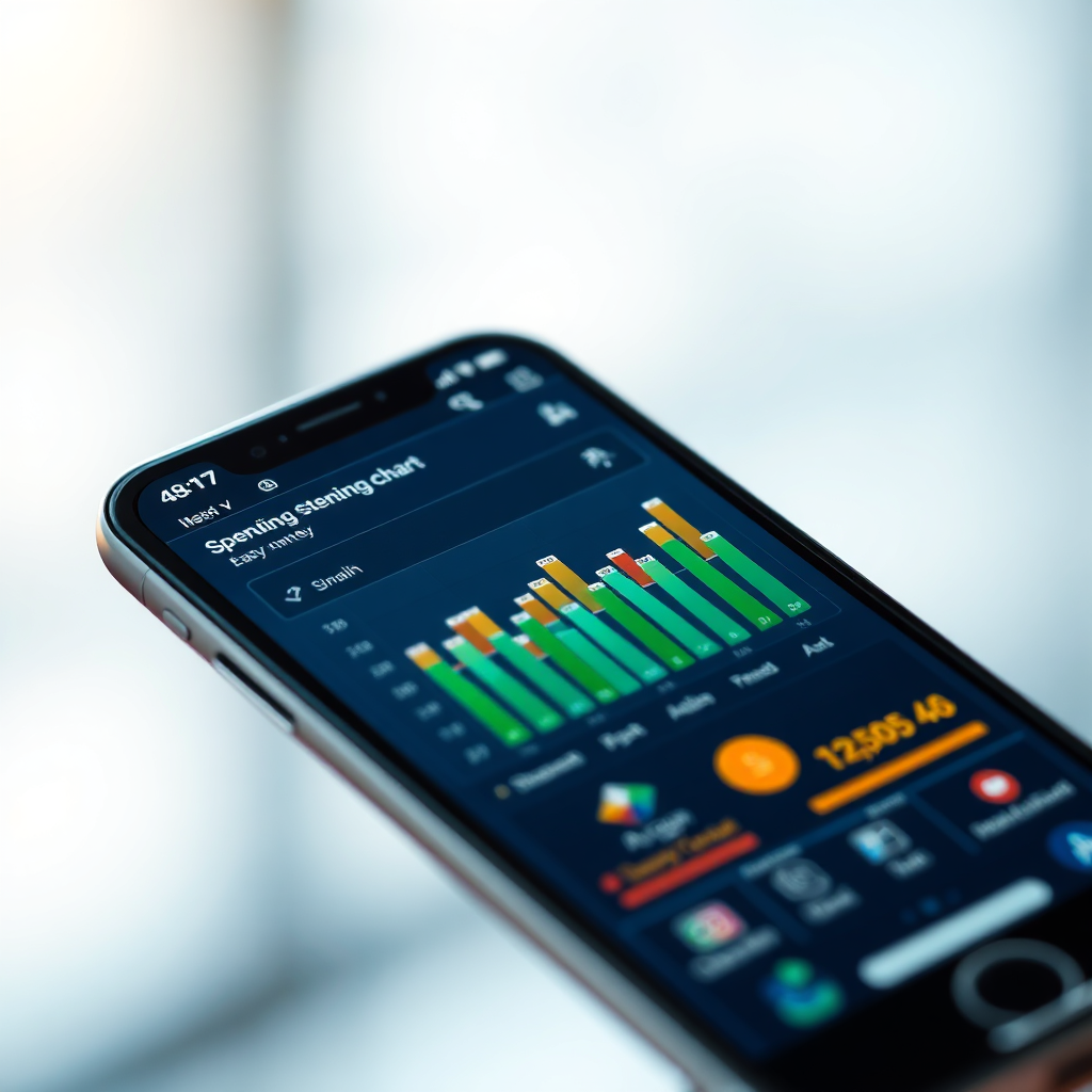 Create a photorealistic image depicting a smartphone displaying a detailed spending chart. The chart should be colorful and easy to understand. The background should be blurred, with a focus on the phone. The color palette should be modern and vibrant, using blues, greens, and oranges. The camera angle should be close-up, highlighting the phone screen. The style should be sleek and technological, conveying the idea of easy money management.