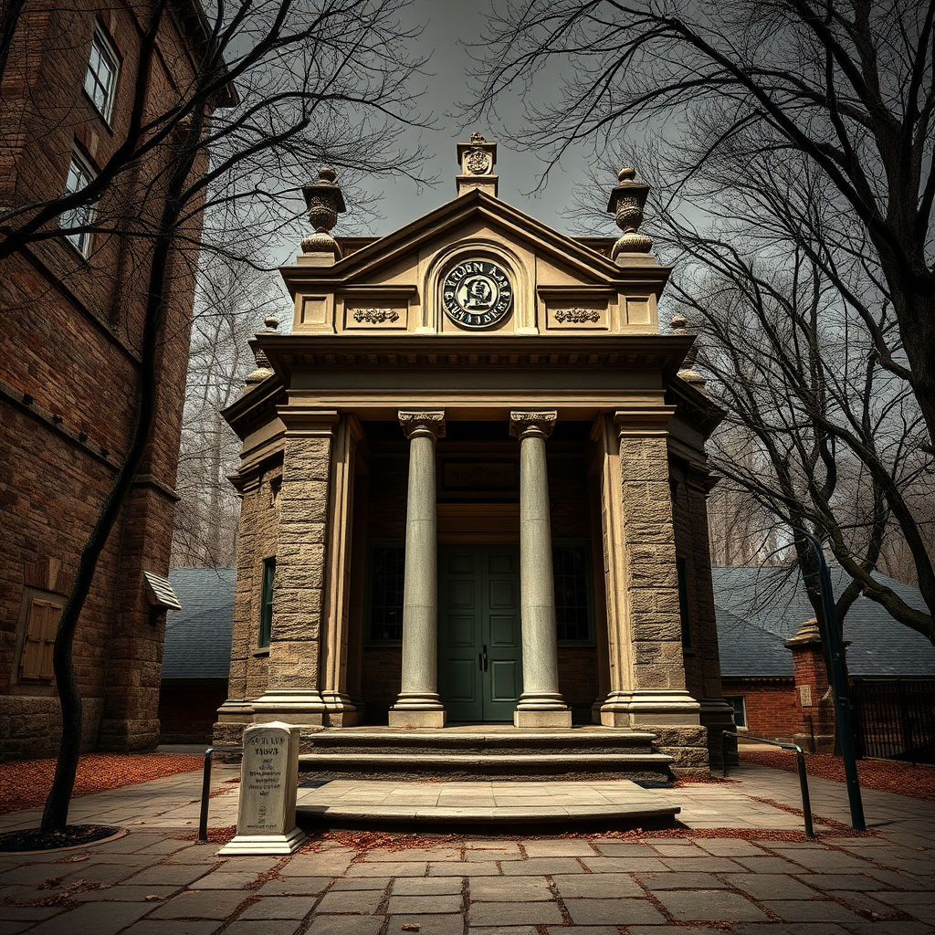 Create a photorealistic image of a historical landmark in Gwynn Oak, such as an old building or monument. The lighting should be dramatic, emphasizing the age and significance of the site. Use a low camera angle to create a sense of grandeur. Incorporate elements like weathered stone, intricate architectural details, and historical markers. The color palette should be muted and earthy, reflecting the passage of time. The style should be reminiscent of historical photographs, with a focus on capturing the authenticity of the site.