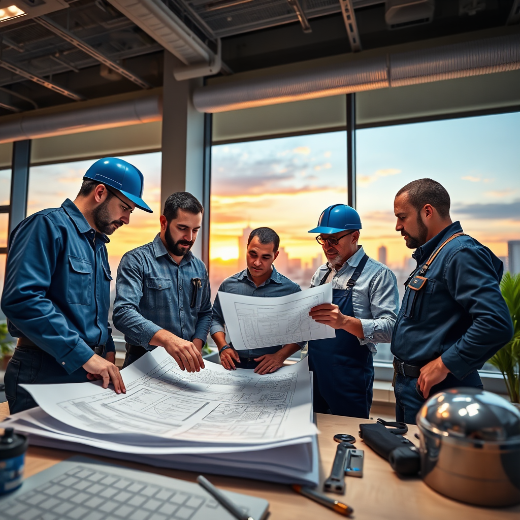 Create a photorealistic image representing Plumbing Services' mission. The scene should depict a diverse team of plumbers collaboratively reviewing blueprints in a brightly lit office. Large windows behind them show a cityscape at sunset. One plumber points to a detail on the plan, while another makes notes. The atmosphere should be collaborative and professional, conveying expertise and teamwork. Lighting should be warm and inviting, highlighting the collaborative spirit. Color palette includes blues, grays, and warm sunset tones. The camera angle is medium, capturing the whole team dynamic. Textures should show the materials of the office, blueprints, and tools. Style reference: professional, modern, and trustworthy. Technical specs: 4K resolution, high quality.