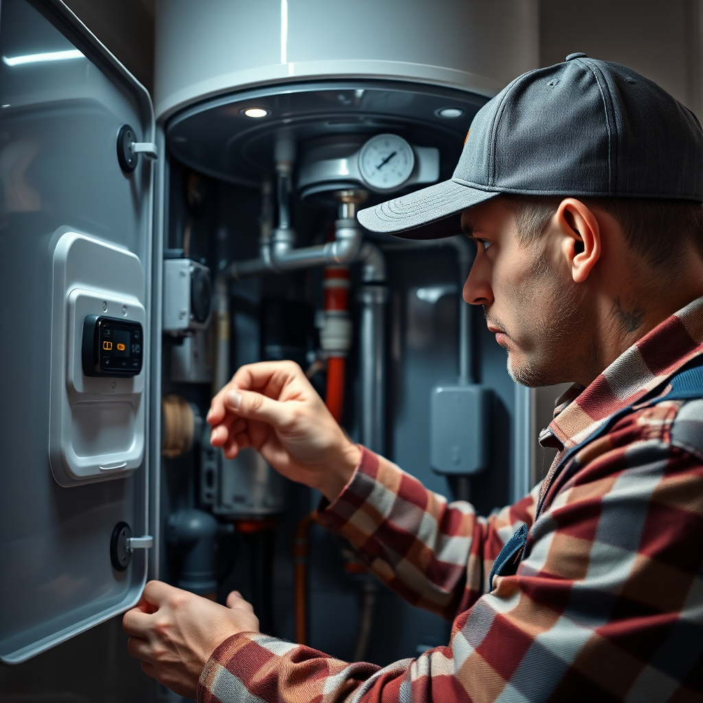 Create a photorealistic image of a plumber carefully inspecting the internal components of a modern water heater. The focus should be on the plumber's expertise and attention to detail. Use soft, diffused lighting. Technical specs: 4K resolution, professional lighting.