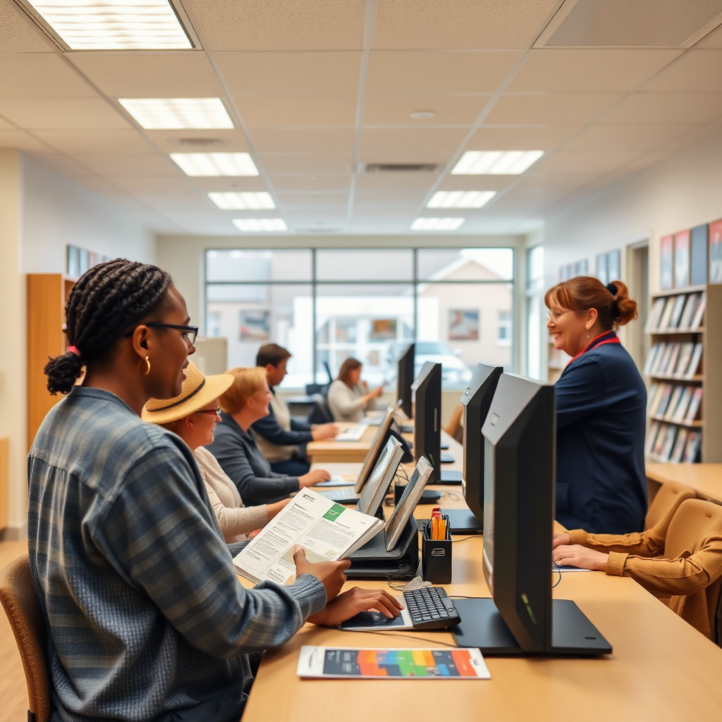 Create a photorealistic image of a well-organized resource center, featuring residents accessing computers, browsing information brochures, and interacting with friendly staff. The lighting should be bright and inviting. The space is clean and welcoming. Style references: community service center photography.