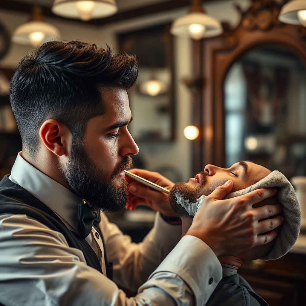 Create a photorealistic image of a barber applying shaving cream to a client's face in preparation for a hot towel shave. Focus on the barber's precision and the client's comfort. The background should feature a classic barbershop interior. The overall style should be traditional and luxurious, reflecting the barbershop's commitment to providing a high-quality shaving experience.