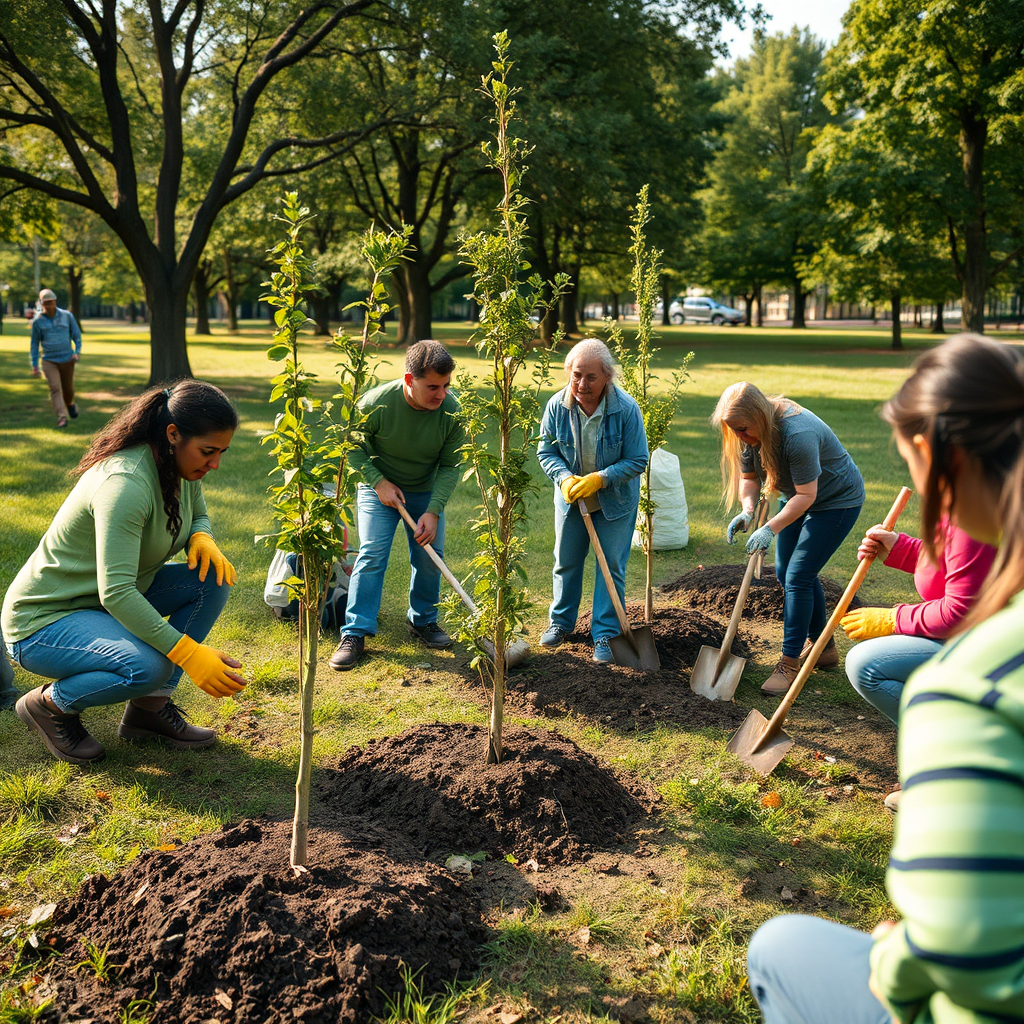 Create a photorealistic image of community members planting trees in a local park. The scene should convey a sense of environmental stewardship and community collaboration. The lighting should be warm and natural. Camera angle: eye-level, focusing on the volunteers and the trees being planted. Style reference: A documentary photograph emphasizing the positive impact of environmental initiatives. Environment: A green park with trees and open spaces. Props: Trees, shovels, gardening gloves, volunteers. Technical specs: 4K resolution, high quality.