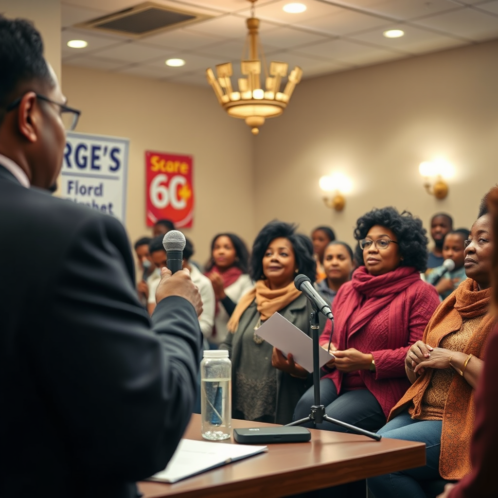 Create a photorealistic image representing advocacy and representation for Central Park Heights residents. The scene should depict residents participating in a community forum or meeting with local government officials. The lighting should be respectful and professional, highlighting the importance of civic engagement. The composition should convey a sense of empowerment, advocacy, and community voice. Include details like microphones, banners, and engaged participants. The camera angle should be medium to capture the full scene. Emphasize resident empowerment and civic engagement.