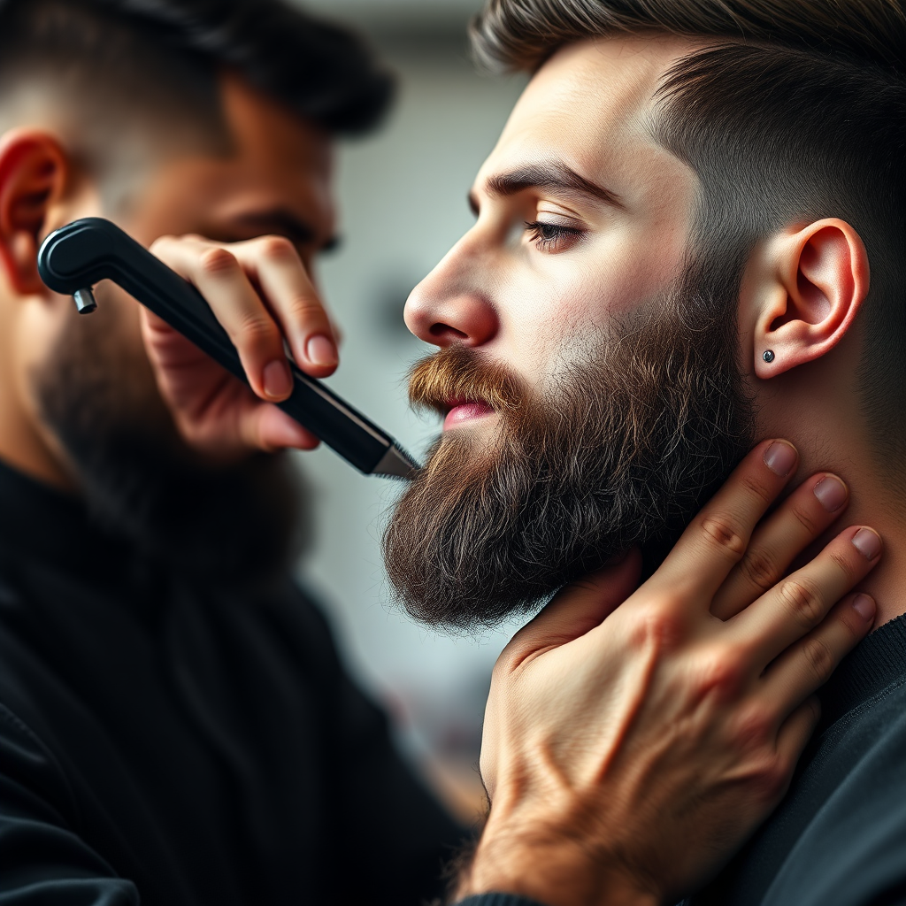 Create a photorealistic image showcasing a barber carefully trimming and shaping a client's beard. Focus on the barber's attention to detail and the sharpness of the beard's lines. The background should be slightly blurred, highlighting the barber and client. Use natural lighting to showcase the texture and color of the beard. The overall style should be modern and masculine, reflecting the confidence and style of a well-groomed beard.