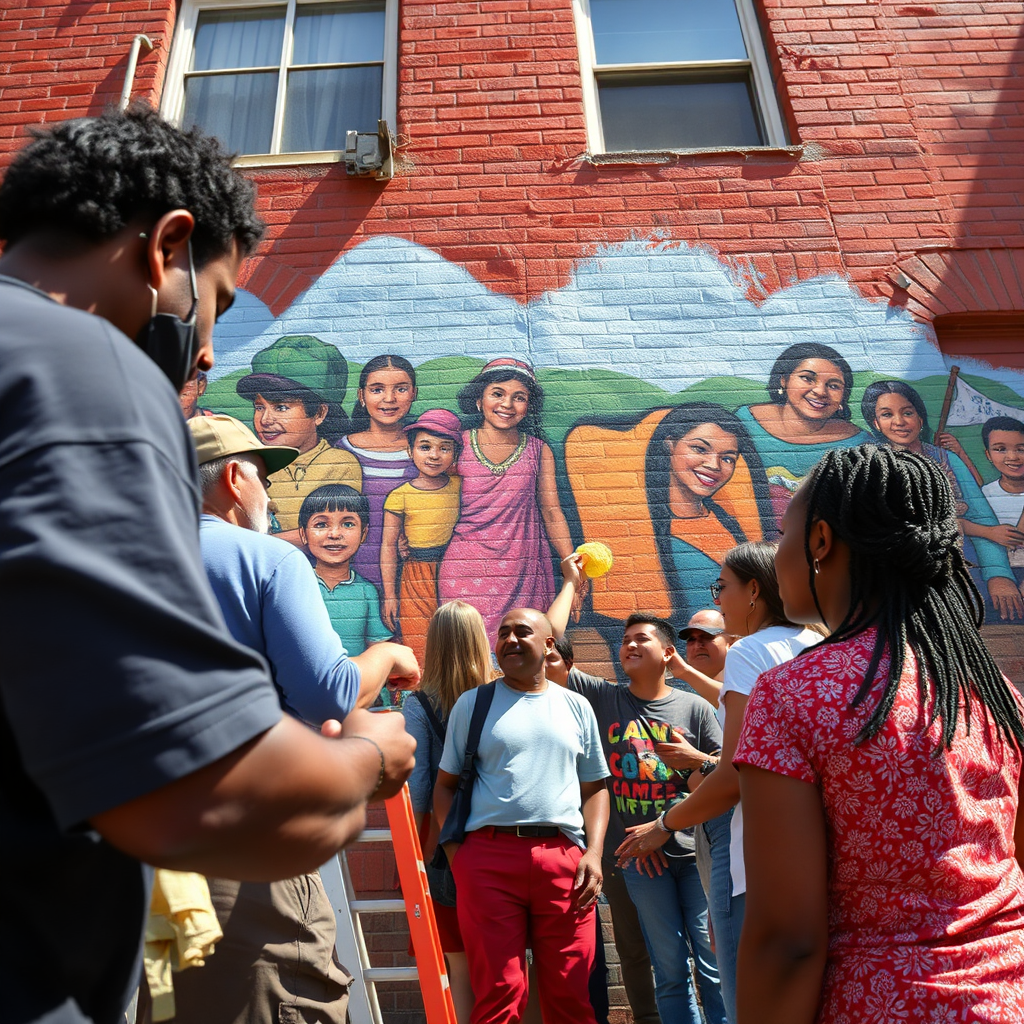 Create a photorealistic image of a diverse group of people working together to paint a vibrant mural on a community building. The mural should depict scenes of local landmarks and community activities. Sunlight casts warm shadows, highlighting the textures of the brick and paint. The camera angle should be slightly low, emphasizing the height and scale of the mural. Capture the expressions of collaboration and pride on the faces of the participants. Style references: community art projects, public murals.