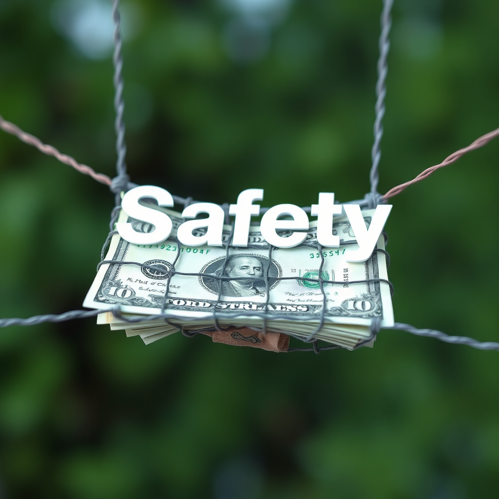 Create a photorealistic image depicting a safety net made of money. The safety net should be strong and secure. The background should be blurred, creating a sense of protection. The color palette should be green and blue, conveying the idea of safety and security. The camera angle should be high, looking down at the safety net. The style should be reassuring and reliable, conveying the idea of financial stability.