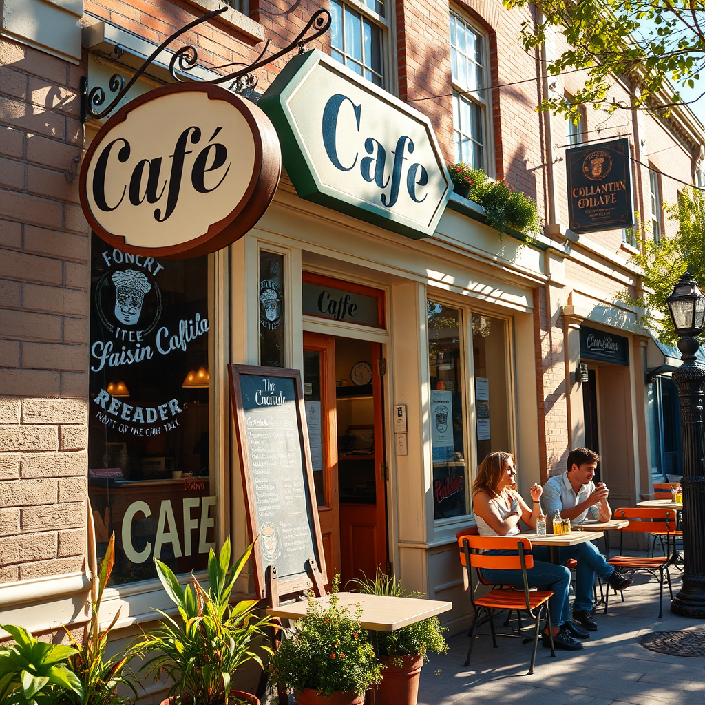 Create a photorealistic image of a charming local cafe in Collington Square, with outdoor seating and a friendly atmosphere. Capture details such as the cafe's sign, menu board, and happy customers enjoying their coffee. The lighting should be warm and inviting, with sunlight streaming through the windows. The color palette is vibrant and cheerful. Camera angle should be slightly low to emphasize the cafe's inviting exterior. Style references: lifestyle photography, highlighting the charm of local businesses.