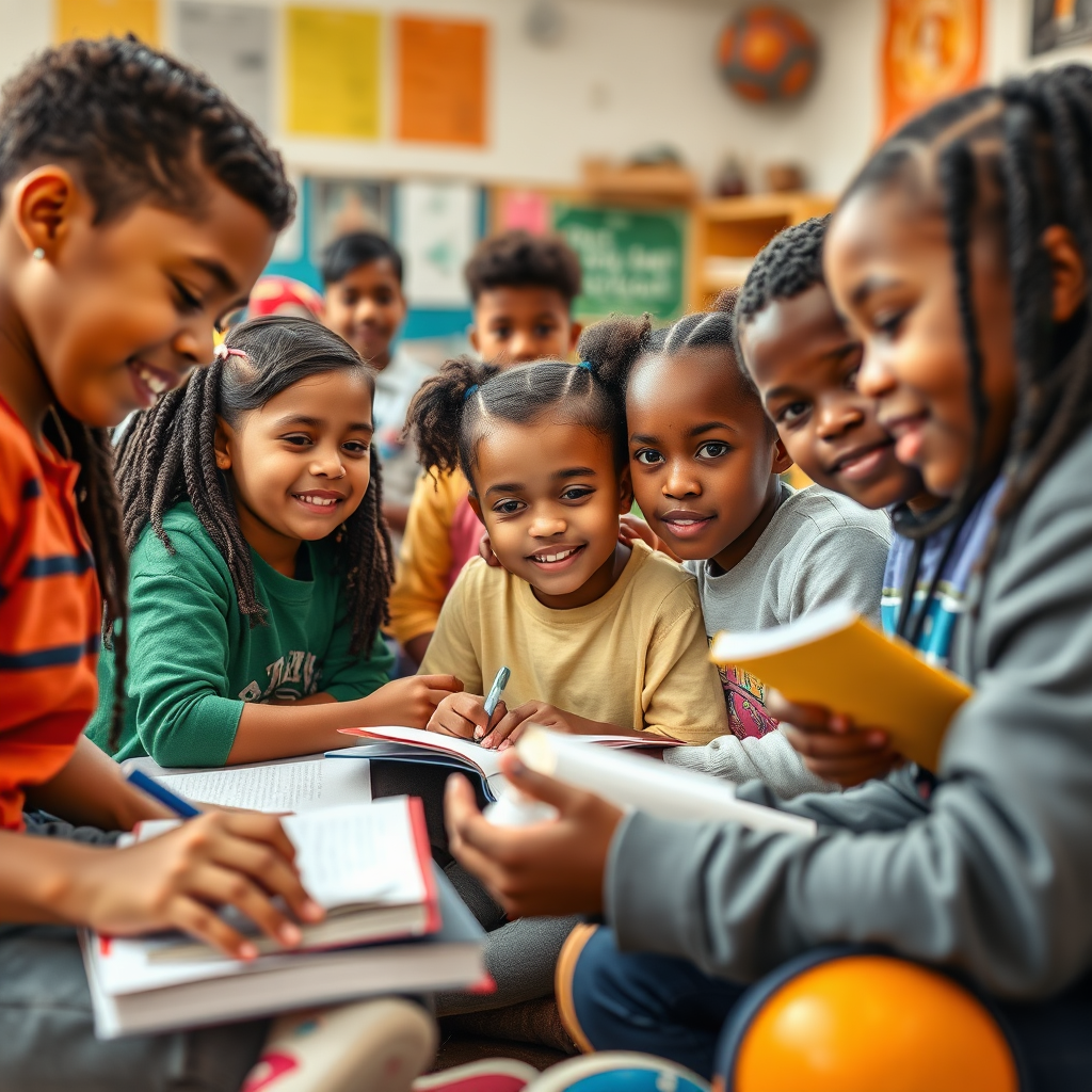 Create a photorealistic image of children and teens participating in a youth program in Central Park Heights. The image should show diverse young people engaged in educational or recreational activities, such as tutoring, sports, or arts and crafts. The setting could be a local community center, school, or park. The lighting should be bright and cheerful, highlighting the energy and enthusiasm of the participants. The composition should convey a sense of opportunity, growth, and community support. Include details like books, sports equipment, and art supplies. The camera angle should be eye-level to capture the perspective of the young people. Emphasize youth empowerment and community support.