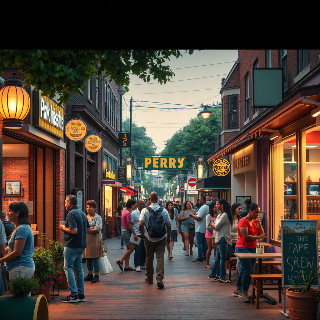 Create a photorealistic image of a bustling street scene in Central Park Heights, showcasing local businesses. The scene should depict diverse residents patronizing local shops, cafes, and restaurants. The lighting should be warm and inviting, highlighting the vibrant atmosphere and community spirit. The color palette should be rich and diverse, reflecting the variety of businesses and people in the neighborhood. The composition should convey a sense of economic vitality, community support, and local pride. Include details like storefront signs, outdoor seating, and happy customers. The camera angle should be street-level to capture the energy and vibrancy of the scene. Emphasize local businesses and community support.