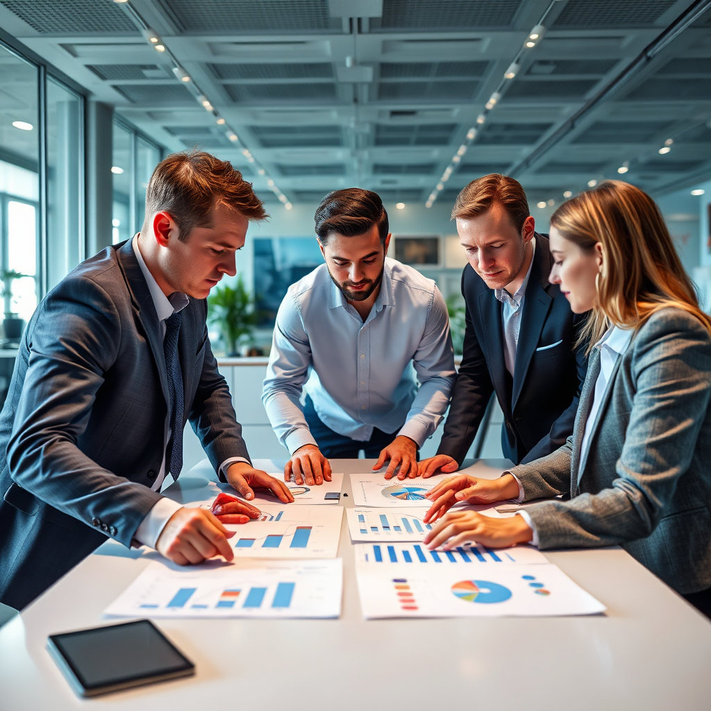 Create a photorealistic image depicting a team of professionals collaborating around a table, reviewing business charts and graphs. The scene should be modern and dynamic. The color palette should be blue and gray, conveying the idea of teamwork and innovation. The camera angle should be eye-level, showing the team in action. The style should be collaborative and professional, conveying the idea of effective business consulting.