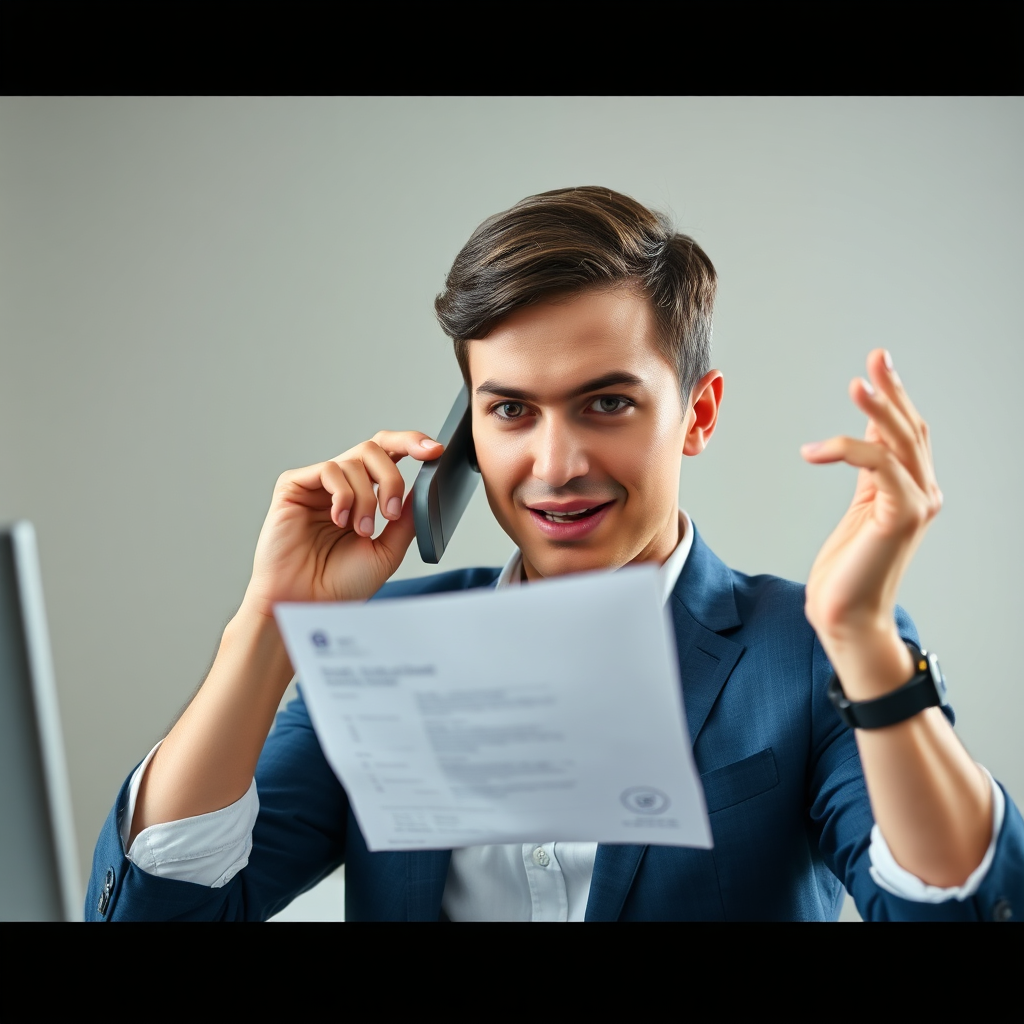 Create a photorealistic image depicting a person on the phone, confidently negotiating a bill. The scene should be well-lit, with a focus on the person's determined expression. The color palette should be neutral and professional, using blues and grays. The camera angle should be medium shot, showing the person's body language. The style should be empowering and assertive, conveying the idea of taking control of expenses.
