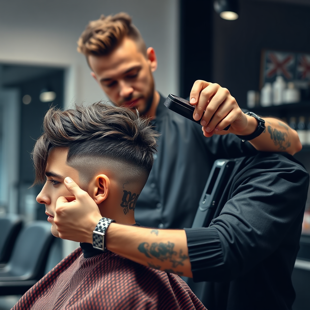 Create a photorealistic image of a barber styling a client's hair into a modern textured crop. The barber should be using modern styling tools, such as clippers and texturizing shears. The client should have a fashionable and edgy hairstyle. The background should feature a minimalist and modern barbershop interior. The overall style should be trendy and innovative, reflecting the cutting-edge nature of contemporary barbering.