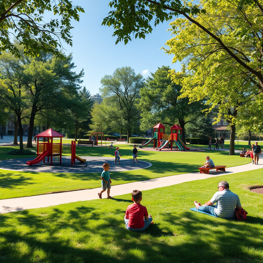 Create a photorealistic image of a vibrant park in Collington Square, with children playing on the playground and families enjoying picnics on the grass. Capture details such as the park's landscaping, playground equipment, and walking trails. The lighting should be bright and sunny, with dappled shadows. The color palette is lush and green. Camera angle should be wide to capture the park's expansive atmosphere. Style references: landscape photography, focusing on the beauty of urban parks.