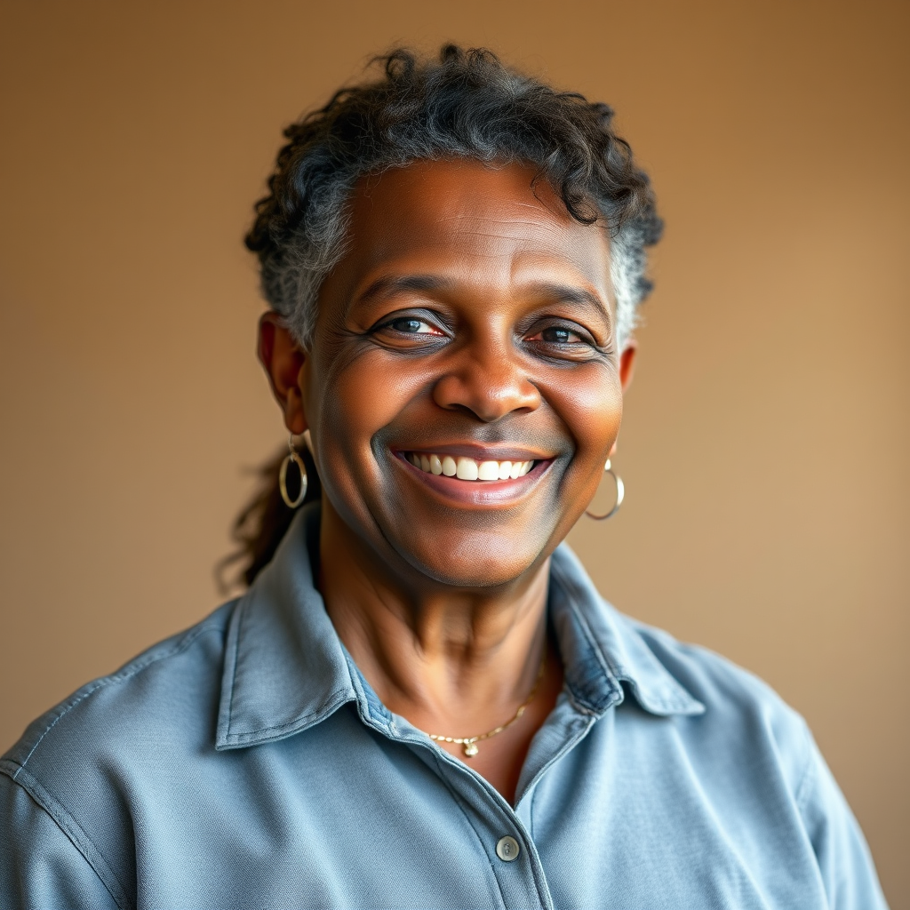 Create a portrait of a friendly, approachable individual who embodies the spirit of community. They could be a teacher, a volunteer, or a local business owner. The setting should be simple and uncluttered, with a focus on the subject's face and expression. Use soft, natural lighting to create a warm and inviting atmosphere. The style should be photorealistic, with a focus on capturing the subject's personality and character. Aim for a high-quality image with a shallow depth of field to draw the viewer's eye to the subject's face. Consider referencing portrait photography styles from National Geographic.