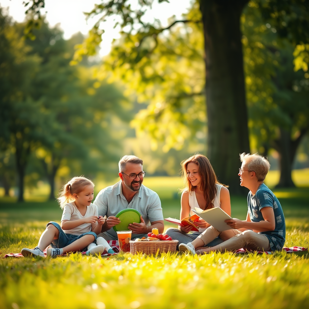 Create a serene image of a family enjoying a picnic in a local park. Focus on the peaceful atmosphere, the lush greenery, and the happy interactions between family members. Use soft, natural lighting to create a warm and inviting atmosphere. Include elements that suggest a sense of relaxation and recreation, such as a frisbee, a kite, or a book. The style should be photorealistic, with a focus on capturing the beauty and tranquility of the park. Aim for a high-quality image with a shallow depth of field to draw the viewer's eye to the family.