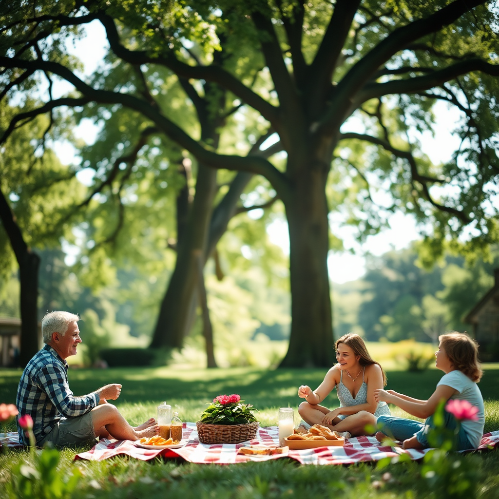 Create a serene image of a family enjoying a picnic in a lush neighborhood park. Focus on the natural beauty of the environment, with towering trees, vibrant flowers, and soft sunlight filtering through the leaves. Capture the joy and relaxation of the family as they share a meal and enjoy each other's company. The composition should be balanced, showcasing both the family and the surrounding landscape. Use a shallow depth of field to draw attention to the foreground while blurring the background slightly. The overall feeling should be one of peace, tranquility, and connection with nature.