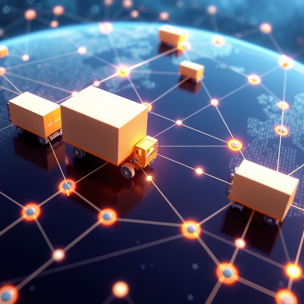 Create a stylized image featuring a network of interconnected delivery routes spanning the globe. The scene should convey a sense of efficiency and reliability. The style should be modern and technological, with a focus on showcasing the reach and capabilities of the delivery network. Technical specs: 4K resolution, high quality.