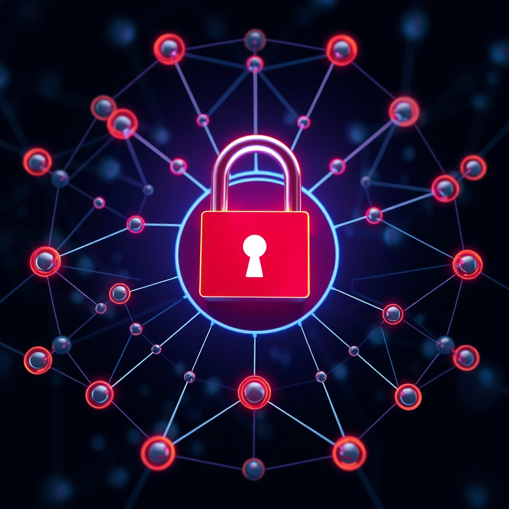 Create a stylized image featuring a padlock icon surrounded by a network of interconnected nodes. The scene should convey a sense of security and trust. The style should be modern and technological, with a focus on showcasing the advanced security measures in place. Technical specs: 4K resolution, high quality.