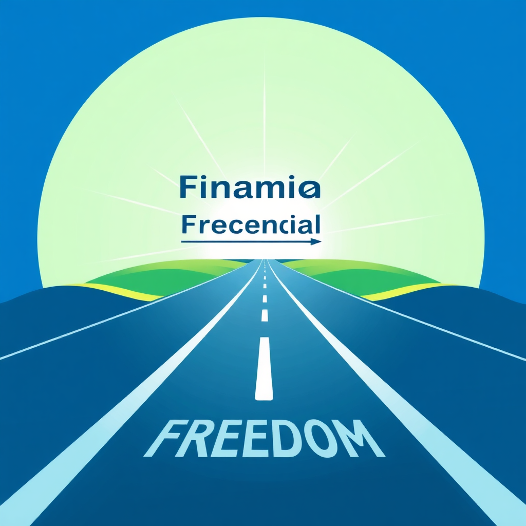 Create a stylized image illustrating a roadmap leading to a destination labeled 'Financial Freedom'. The roadmap should be clear and well-defined. The background should be bright and optimistic. The color palette should be blue and green, conveying the idea of progress and success. The camera angle should be low, looking up at the roadmap. The style should be aspirational and inspiring, conveying the idea of achieving financial goals.