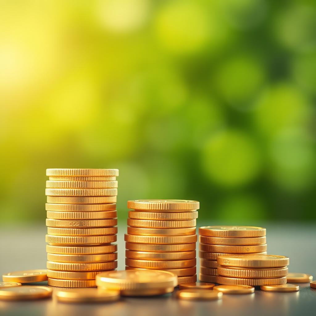 Create a stylized image illustrating coins stacking up automatically. The coins should be shining and new. The background should be blurred, creating a sense of motion. The color palette should be gold and green, conveying the idea of wealth accumulation. The camera angle should be low, looking up at the coins. The style should be clean and modern, conveying the idea of effortless savings.