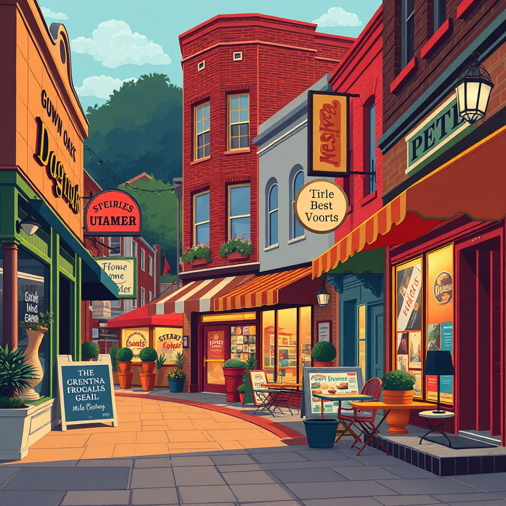 Create a stylized image of a bustling street in Gwynn Oak, showcasing the diverse storefronts of local businesses. Use a slightly skewed perspective to add visual interest. The lighting should be warm and inviting, highlighting the unique character of each shop. Incorporate elements like colorful awnings, window displays, and outdoor seating. The color palette should be vibrant and eclectic, reflecting the diversity of the businesses. The style should be reminiscent of vintage travel posters, with a focus on capturing the essence of the local atmosphere.