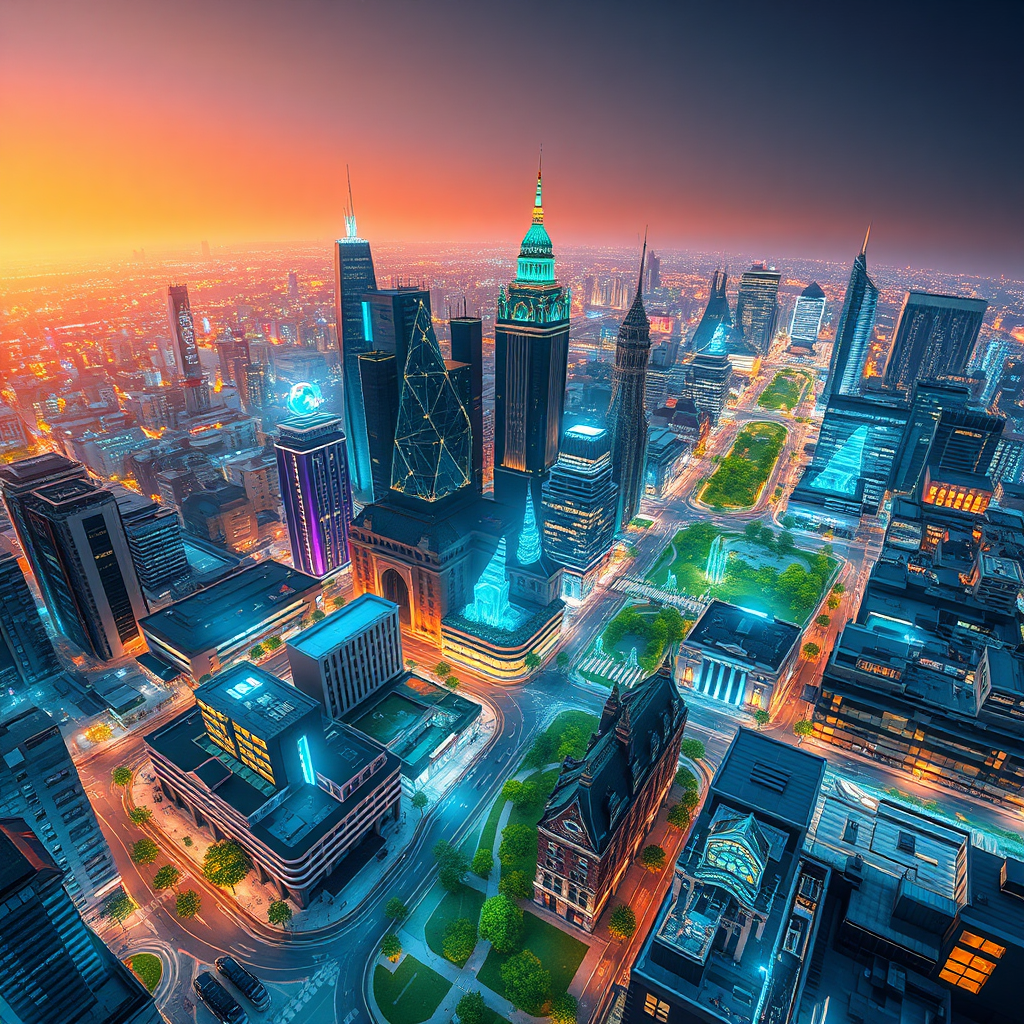 Create a stylized image of a cityscape representing Cheswolde, with holographic projections of future developments and green spaces. The lighting should be futuristic and vibrant. Camera angle: Bird's eye view, showcasing the entire cityscape. Style reference: Futuristic concept art, with a focus on innovation and sustainability. Environment: Stylized cityscape with holographic projections. Props: Holographic projections of future developments, green spaces, modern architecture. Technical specs: 4K resolution, high quality.