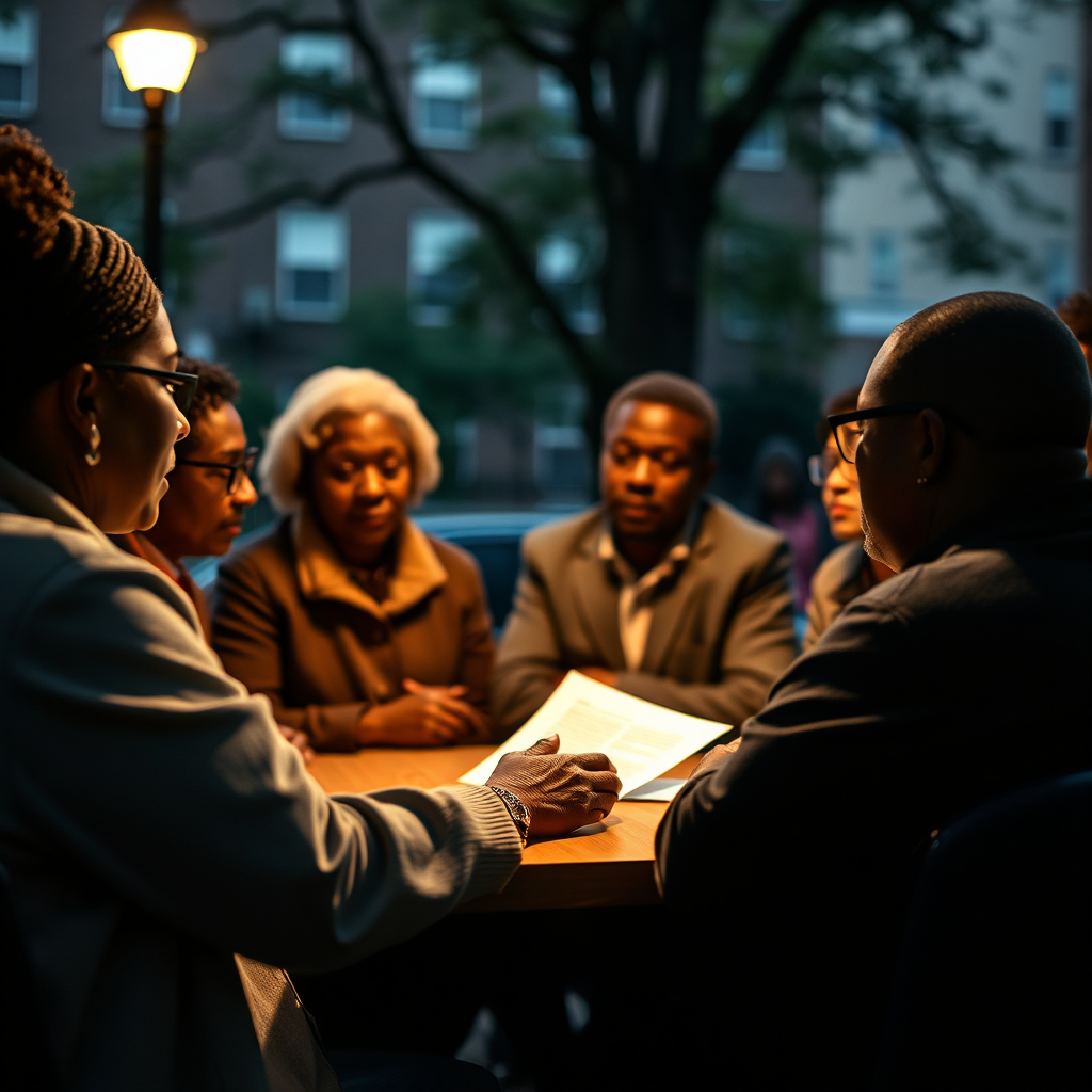 Create a stylized image of a community watch meeting in Collington Square, with residents discussing safety concerns and strategies. The composition should emphasize collaboration and communication. The lighting should be calm and reassuring, highlighting the importance of community safety. The color palette should be muted and trustworthy. Camera angle should be close and intimate, creating a sense of solidarity. Style references: community organizing photography, focusing on the power of collective action.