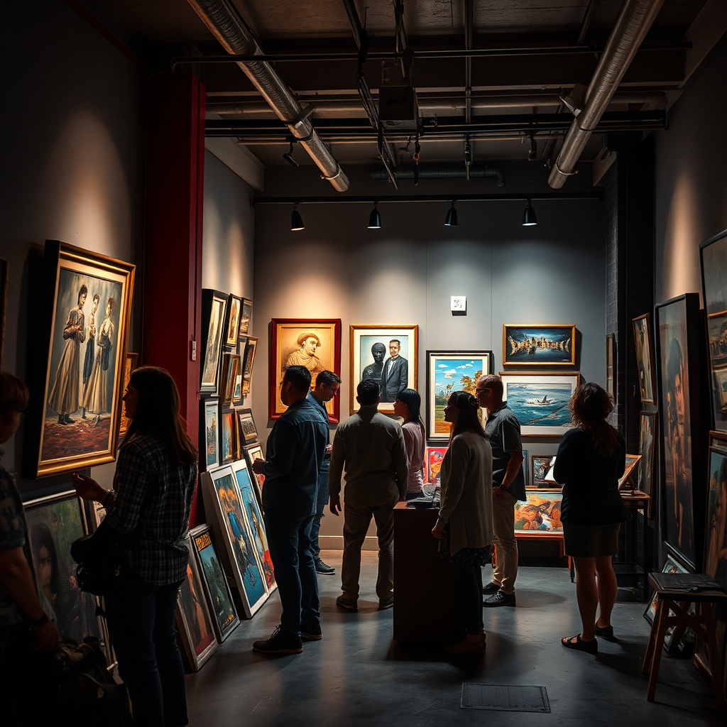 Create a stylized image of a local art gallery in Collington Square. The composition should highlight the unique artwork on display, with diverse artists and visitors appreciating the creativity. The lighting should be moody and atmospheric, enhancing the artistic experience. The color palette should be bold and expressive. Camera angle should be slightly angled, creating a sense of intrigue. Style references: art photography, focusing on the aesthetic appeal of art galleries and studios.