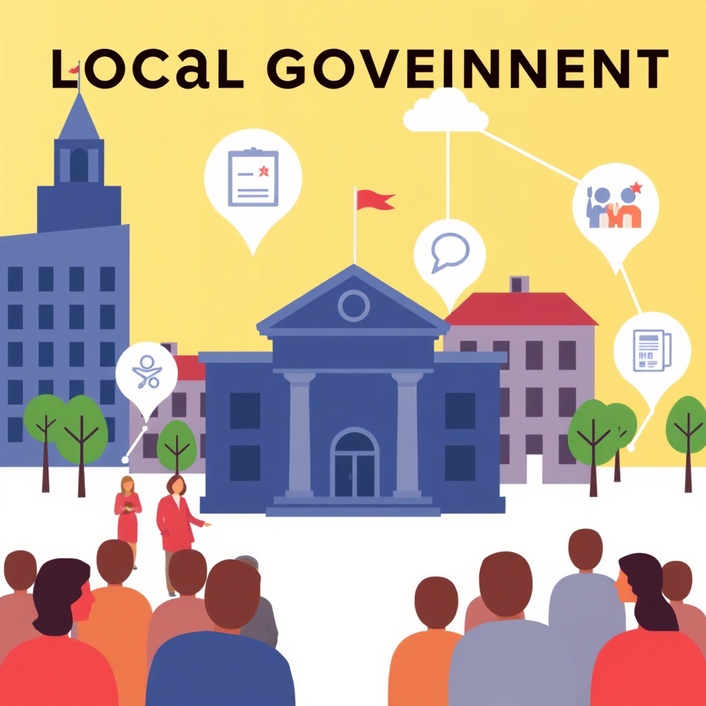 Create a stylized image representing local government and community collaboration. Depict a graphic representation of local government buildings and residents connected through various communication channels. Use icons to represent policies, initiatives, and community participation. The lighting should be balanced and neutral, conveying a sense of fairness and transparency. The color palette should be professional and authoritative, reflecting the role of government. The style should be clean and modern, promoting a sense of trust and accountability.