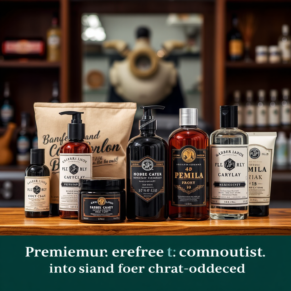 Create a stylized image showcasing a selection of premium grooming products. The products should be arranged artfully on a wooden shelf or counter. Focus on highlighting the quality and craftsmanship of the packaging. The background should be blurred, emphasizing the products. The overall style should be luxurious and refined, reflecting the barbershop's commitment to using only the best products.