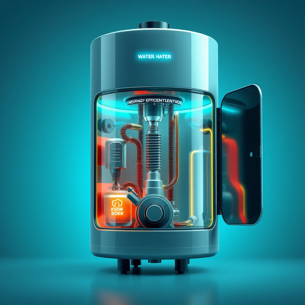 Create a stylized, slightly graphic image of a water heater with glowing internal components. The exterior of the water heater should be sleek and modern, while the internal components are highlighted with bright, energy-efficient lighting. The overall tone should be futuristic and focused on efficiency. Technical Specs: 4K, stylized graphic.