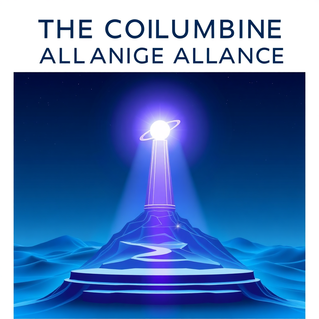 Create a symbolic image representing the mission of The Columbia Alliance. The image should feature a strong, central beacon emitting light towards various interconnected points. Use a palette of deep blues and purples to represent knowledge and stability. The environment should be a clean, futuristic landscape. Render in 4K resolution.