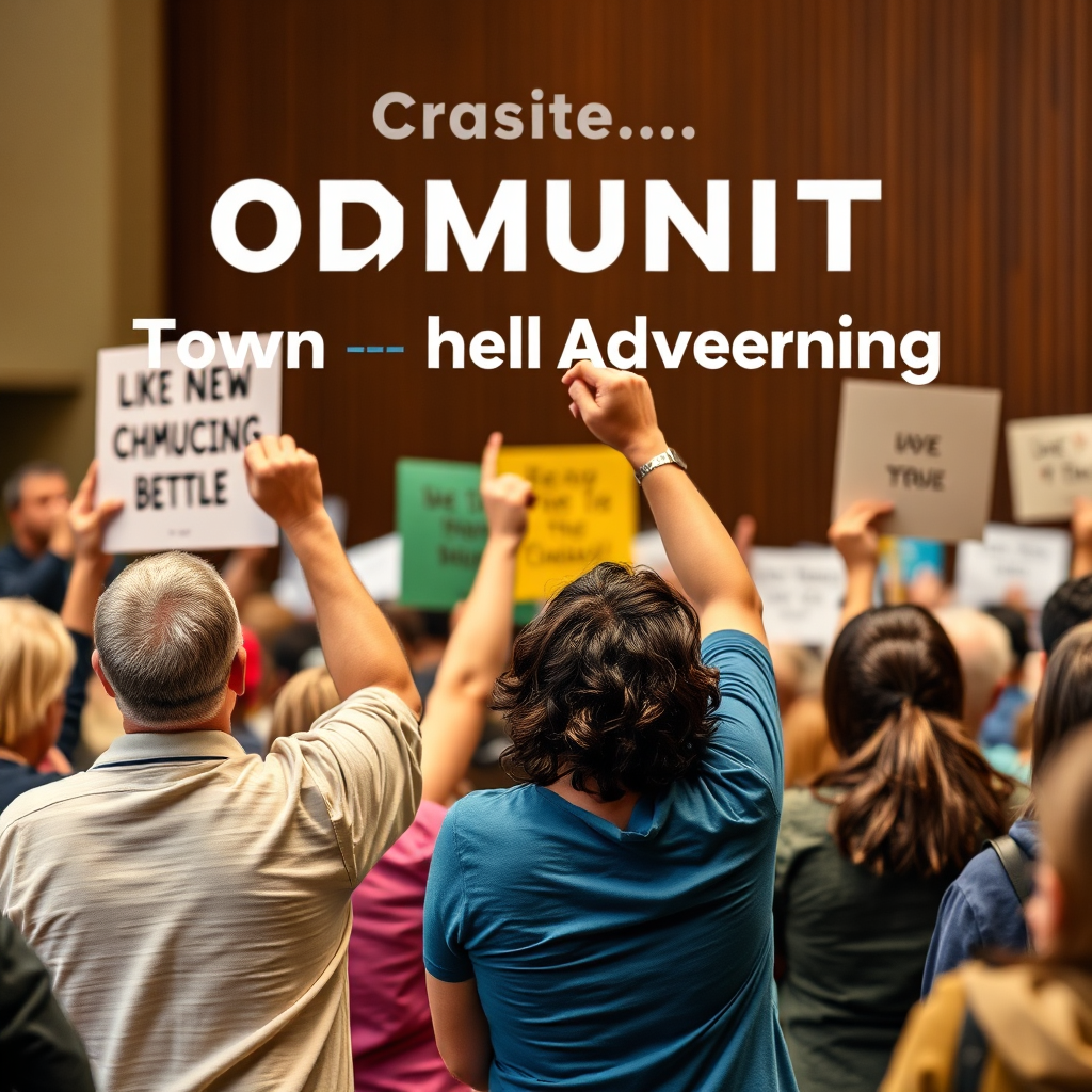 Create a symbolic image representing community advocacy. This could involve people raising signs or speaking at a town hall meeting. Focus on positive change and collective action.