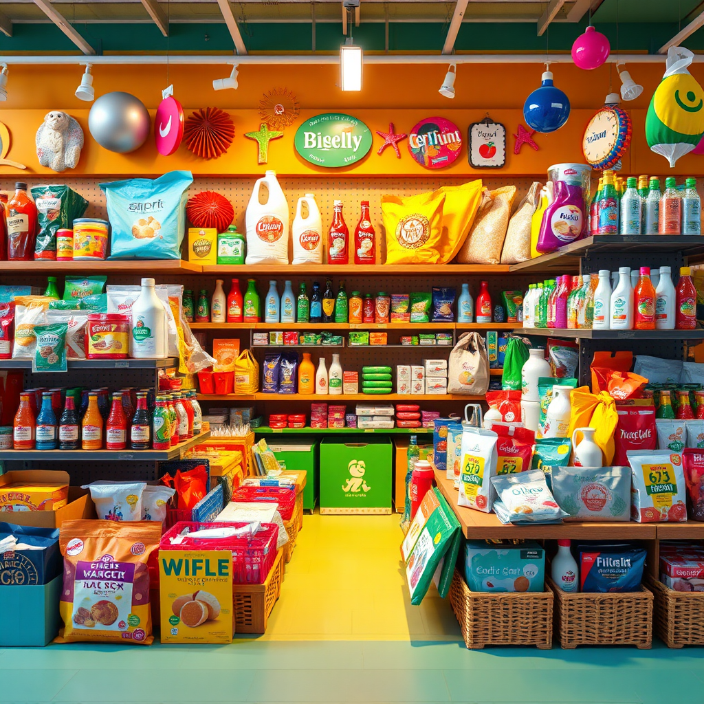 Create a vibrant and dynamic image showcasing a wide variety of products from different categories arranged in an appealing display. The scene should evoke a sense of abundance and choice. The style should be fun and engaging, with a focus on creating a sense of excitement and discovery. Technical specs: 4K resolution, high quality.