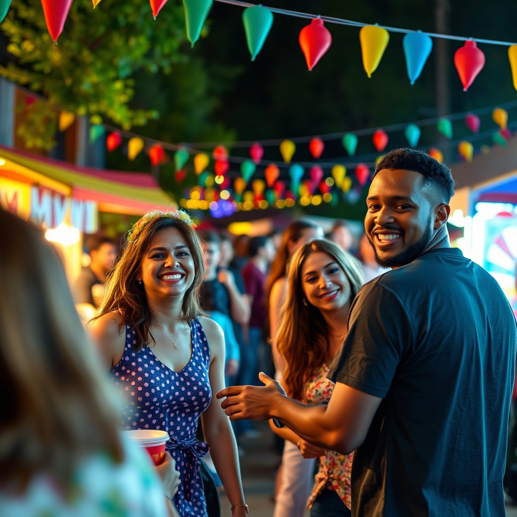 Create a vibrant image of a successful Arlington community event, such as a block party or a neighborhood festival. Focus on the smiling faces, the lively atmosphere, and the sense of community spirit. The lighting should be bright and cheerful, highlighting the colorful decorations and the enthusiastic participation of the attendees. Include subtle details like food stalls, games, and live music. The camera angle should be slightly elevated to showcase the scale of the event. The color palette should be bright and cheerful, with a focus on primary colors and festive decorations. Render in 4K resolution with high-quality detail to capture the joyful atmosphere and the community engagement.