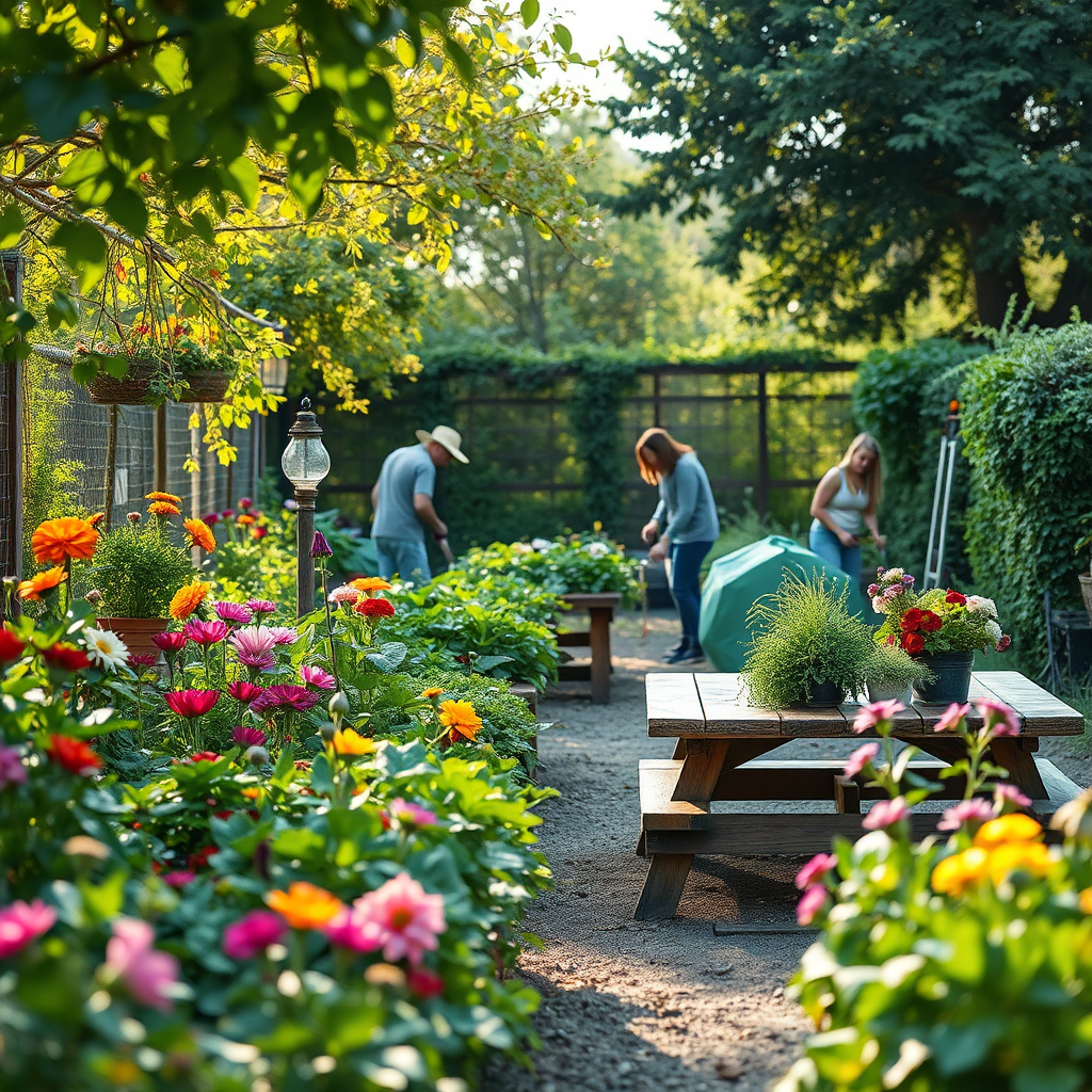 Create a vibrant image of a thriving community garden. Focus on the lush greenery, the colorful flowers, and the people working together to cultivate the space. Use natural lighting to create a warm and inviting atmosphere. Include elements that suggest a sense of collaboration and community, such as shared tools or a picnic table. The style should be photorealistic, with a focus on capturing the beauty and abundance of the garden. Aim for a high-quality image with a wide-angle lens to capture the full scope of the garden.