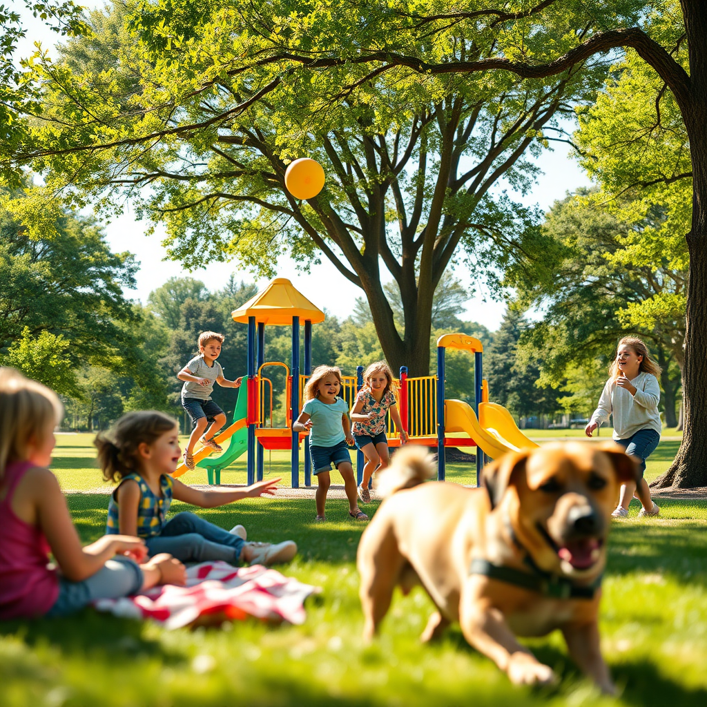 Create a vibrant image of families enjoying a sunny afternoon in an Arlington park. Focus on a playground with children laughing and playing, surrounded by lush green trees and open space. The lighting should be bright and cheerful, highlighting the colorful playground equipment and the happy expressions of the children. Include subtle details like a picnic blanket, a frisbee in mid-air, and a dog playing fetch. The camera angle should be slightly elevated to showcase the breadth of the park. The color palette should be bright and cheerful, with a focus on greens, blues, and yellows. Render in 4K resolution with high-quality detail to capture the lively atmosphere of the park.