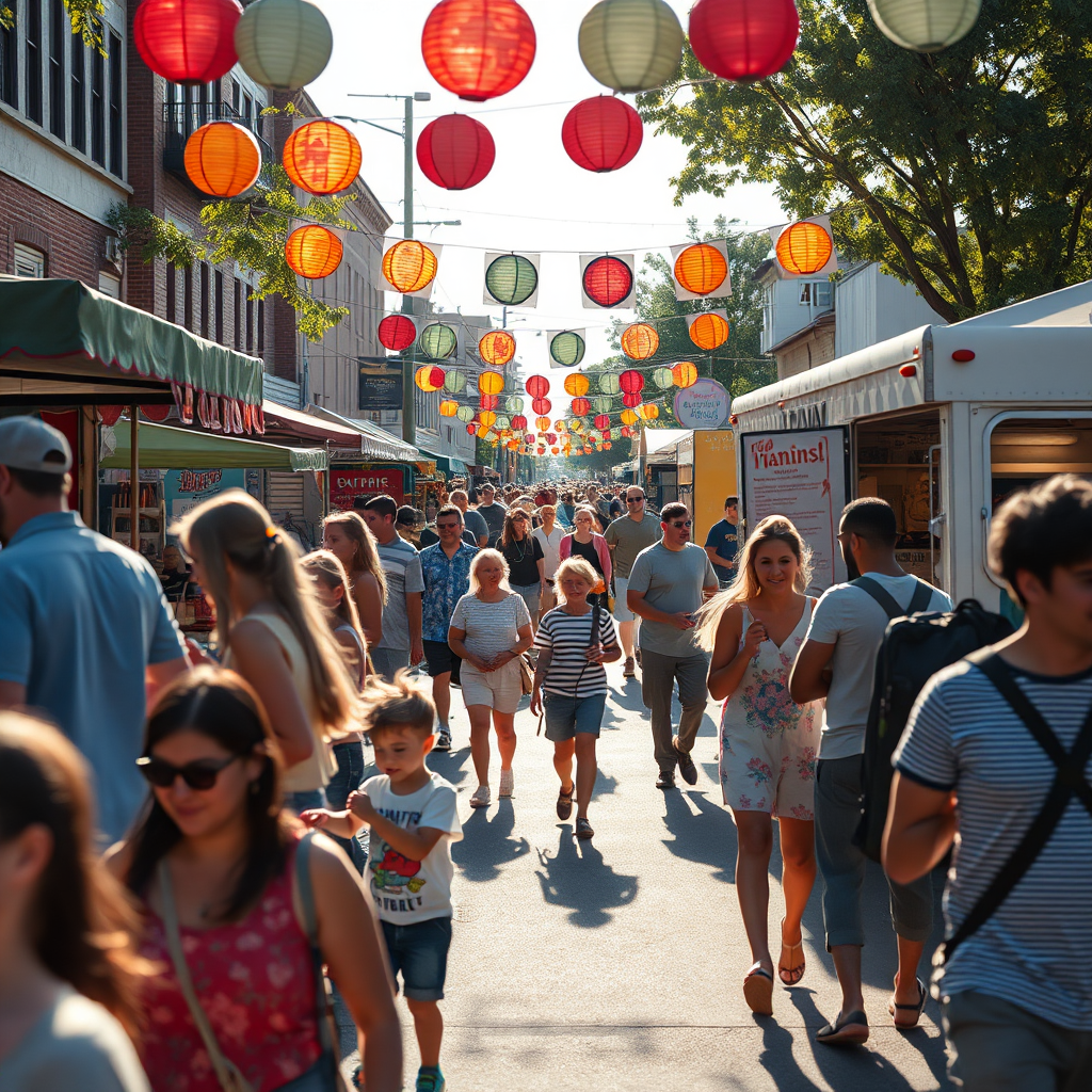 Create a vibrant, photorealistic image of a neighborhood street fair. The scene is bustling with people of all ages, browsing vendor stalls, enjoying food from local trucks, and listening to live music. The lighting is bright and sunny, casting long shadows and highlighting the colorful decorations. Focus on capturing the energy and excitement of the event, with happy faces and engaging interactions. Style reference: A documentary-style photograph with a focus on capturing candid moments. Technical specs: 4K, high quality.